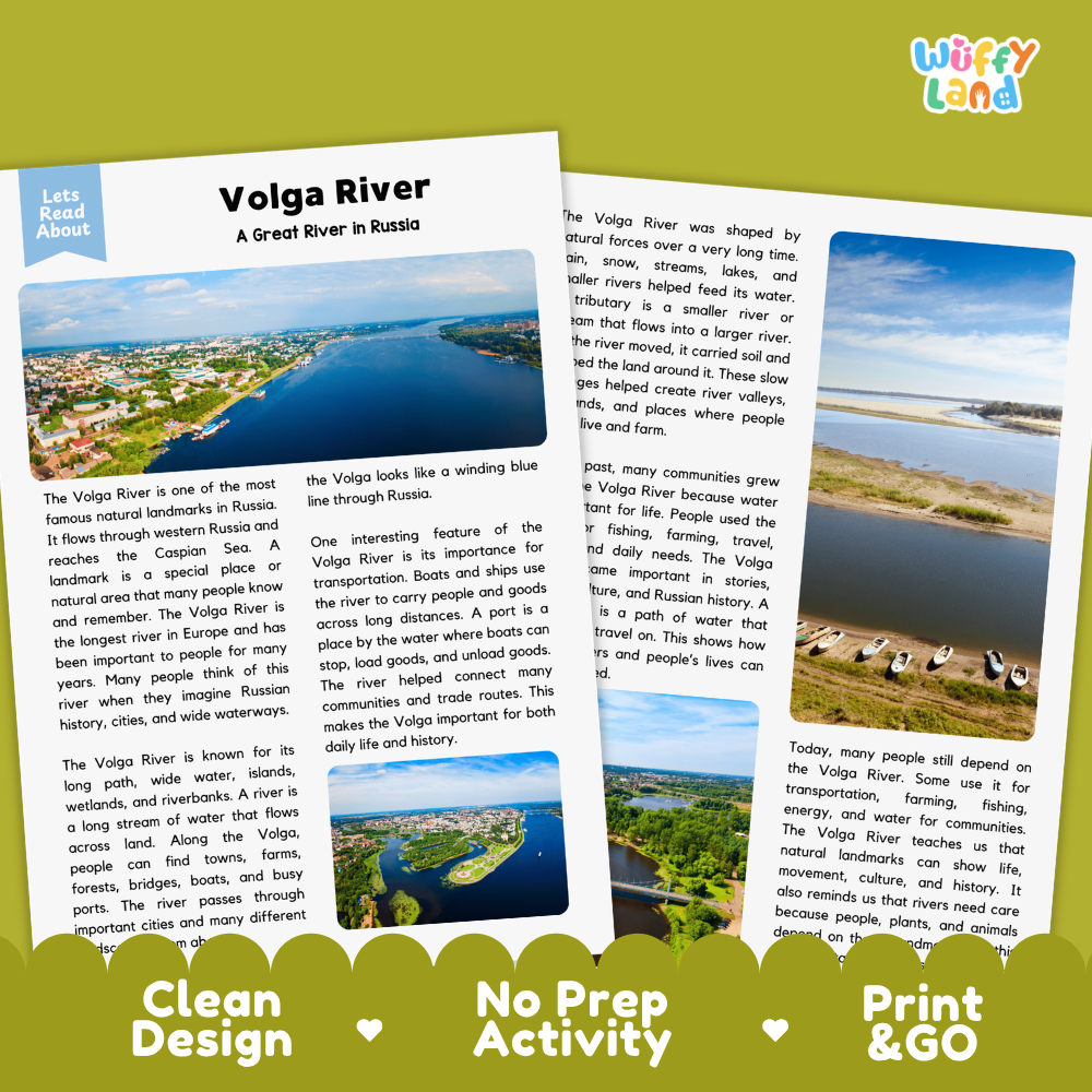A promotional graphic for a Volga River educational activity booklet. The design features a collage of printed pages showing text and landscape photos of the Volga River in Russia, set against a light gray background with a green and yellow 'Wuffy Land' logo in the top right.