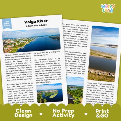 A promotional graphic for a Volga River educational activity booklet. The design features a collage of printed pages showing text and landscape photos of the Volga River in Russia, set against a light gray background with a green and yellow 'Wuffy Land' logo in the top right.