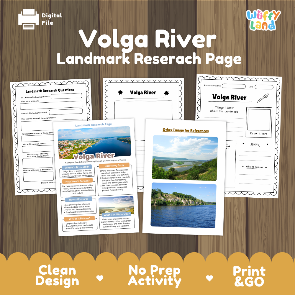 Volga River Landmark Research Page digital download bundle by Wiffy Land, featuring three printable worksheet pages laid out on a wood background with a yellow banner at the bottom.