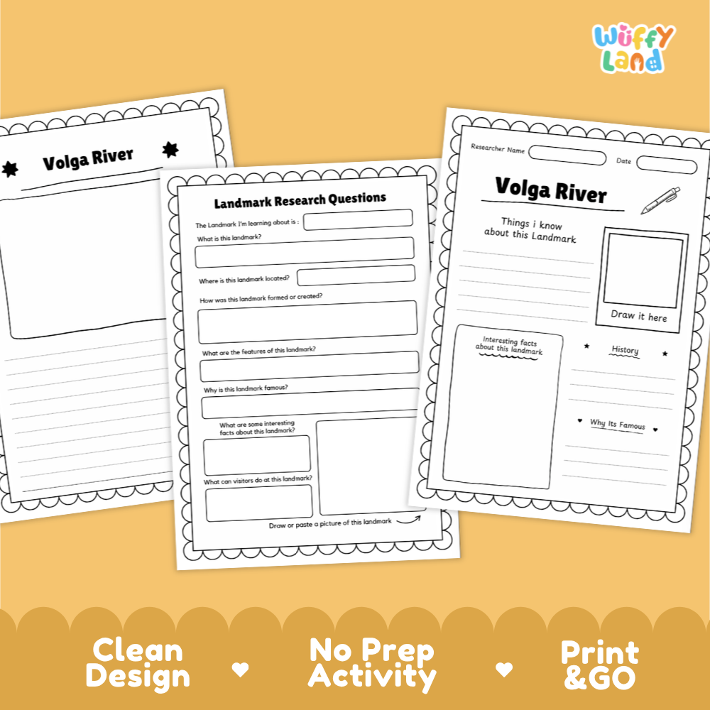 Three printable worksheet pages for Volga River landmarker research, shown on a warm tan background with decorative text at the bottom. The sheets have black scalloped borders and printed activity questions and drawing areas.