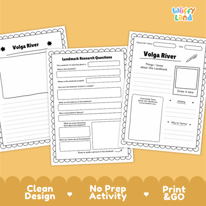 Three printable worksheet pages for Volga River landmarker research, shown on a warm tan background with decorative text at the bottom. The sheets have black scalloped borders and printed activity questions and drawing areas.