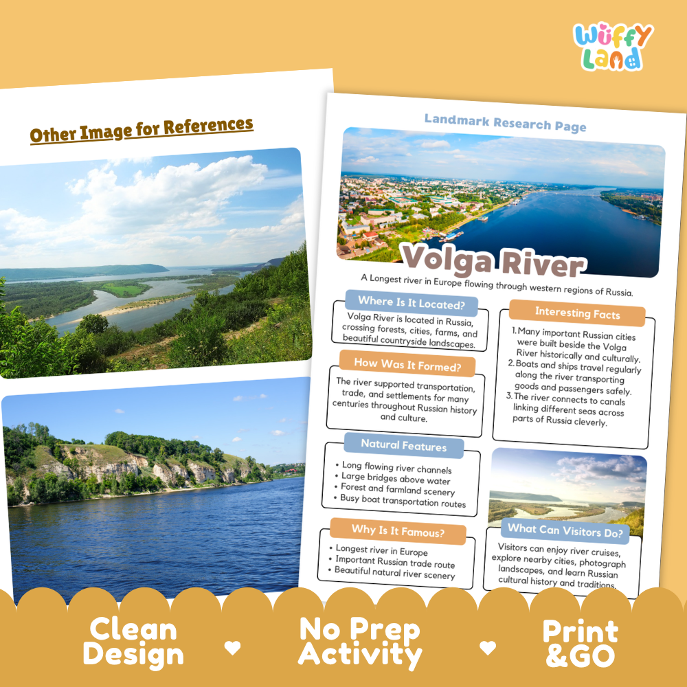 Two printed educational poster sheets about the Volga River are shown on a white background with a decorative beige footer banner reading 'Other Image for References' and 'Clean Design No Prep Activity Print & GO.' The posters feature a large landscape photo of the river and blue informational panels with text such as 'Landmark Research Page' and 'Volga River.