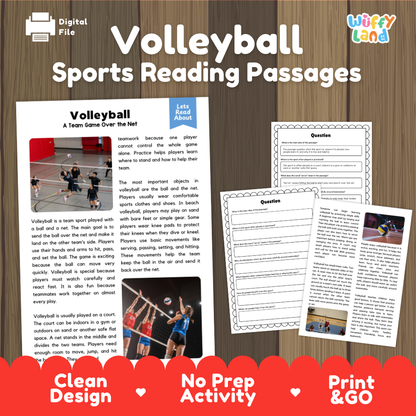 Volleyball Sports Reading Passages and Comprehension Questions Worksheets