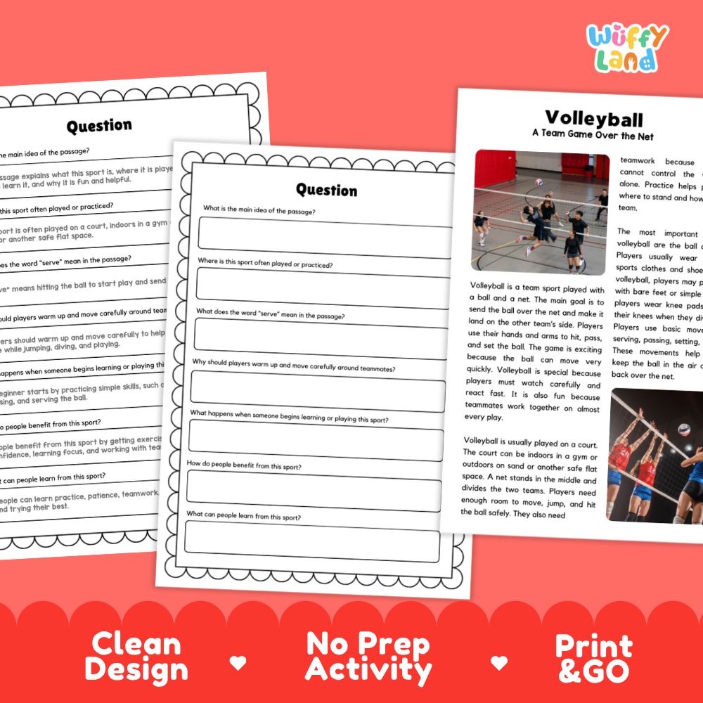 Volleyball Sports Reading Passages and Comprehension Questions Worksheets