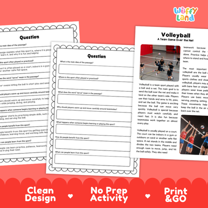Volleyball Sports Reading Passages and Comprehension Questions Worksheets
