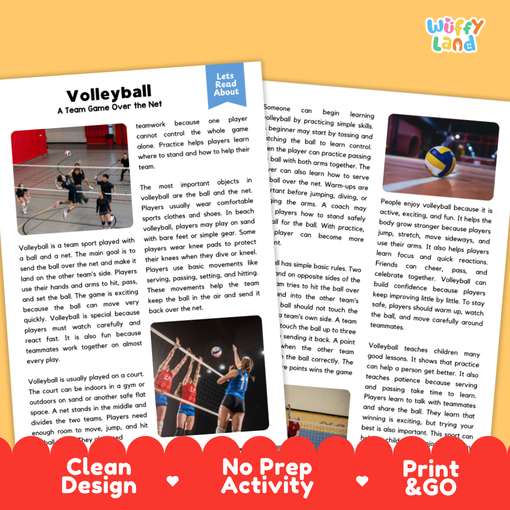 Volleyball Sports Reading Passages and Comprehension Questions Worksheets