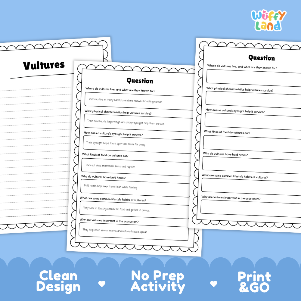 Three printable worksheet pages about vultures are shown on a light blue background with promotional text at the bottom. The pages have a clean white layout with black text and scalloped borders.