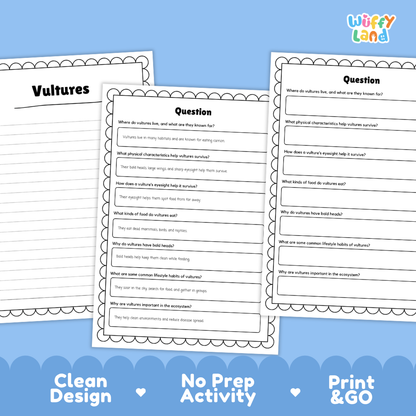 Three printable worksheet pages about vultures are shown on a light blue background with promotional text at the bottom. The pages have a clean white layout with black text and scalloped borders.