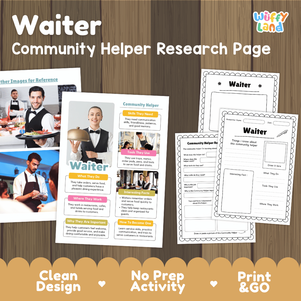 Waiter community helper research page writing worksheets pack featuring real photos and student activity pages for elementary social studies and life skills