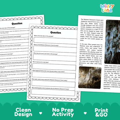 Student reading passage titled Glowing Caves in New Zealand detailing Waitomo Glowworm Caves limestone formation bioluminescence and underground cave photography