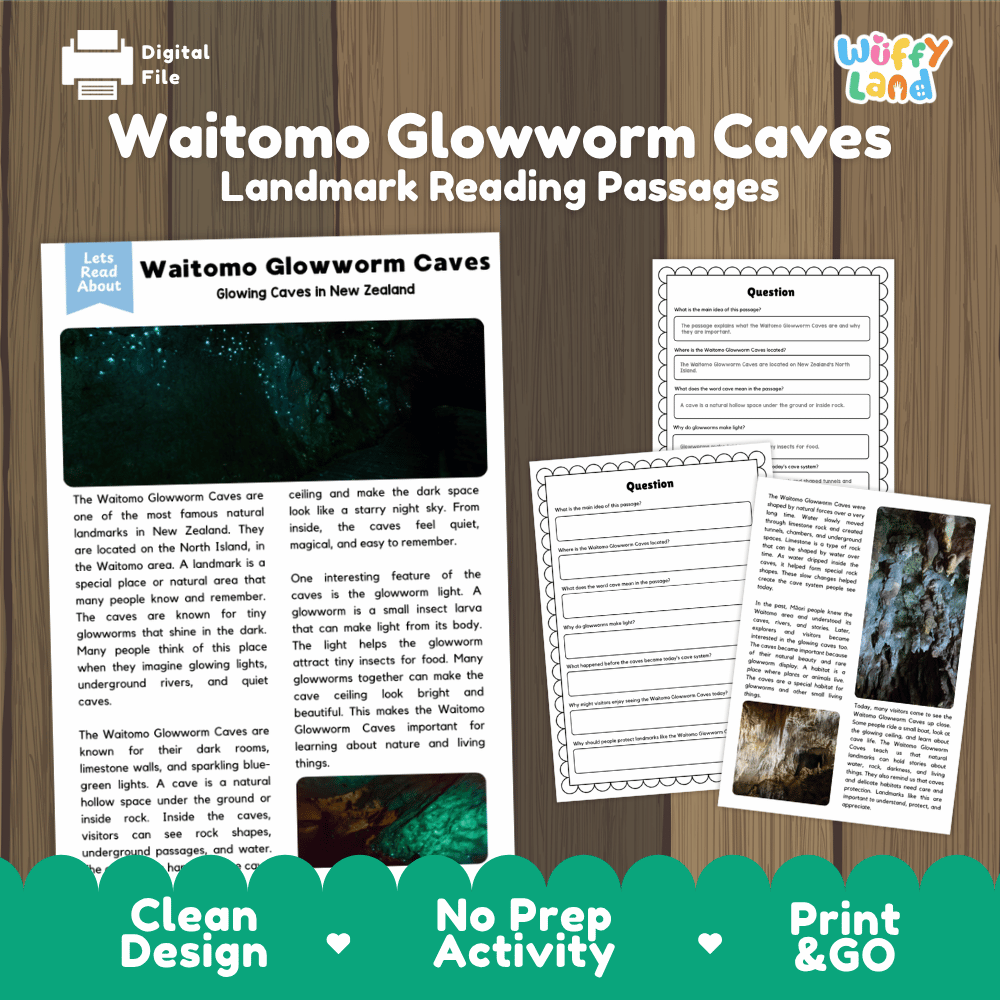 Waitomo Glowworm Caves landmark reading passages educational study unit featuring nonfiction reading worksheets and authentic glowing New Zealand cave photography