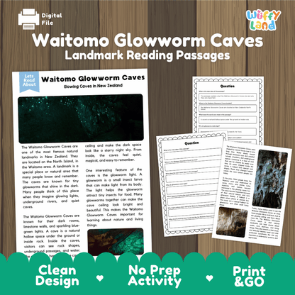 Waitomo Glowworm Caves landmark reading passages educational study unit featuring nonfiction reading worksheets and authentic glowing New Zealand cave photography