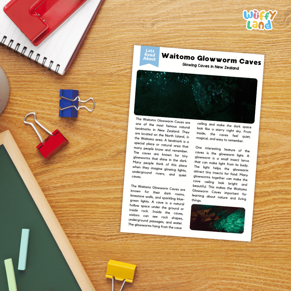 Lined reading comprehension question worksheet covering main ideas vocabulary terms and landmark facts about the Waitomo Glowworm Caves