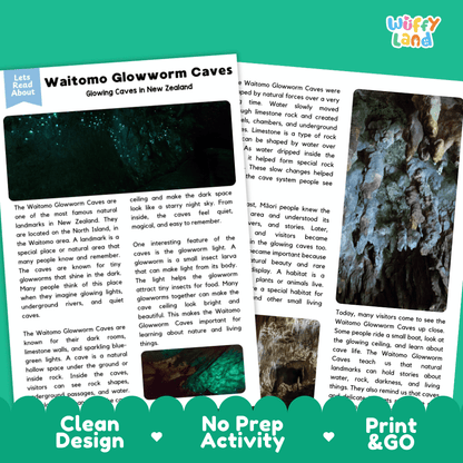Reference sheet and answer key for Waitomo Glowworm Caves landmark reading passage displaying completed comprehension answers and subterranean science facts