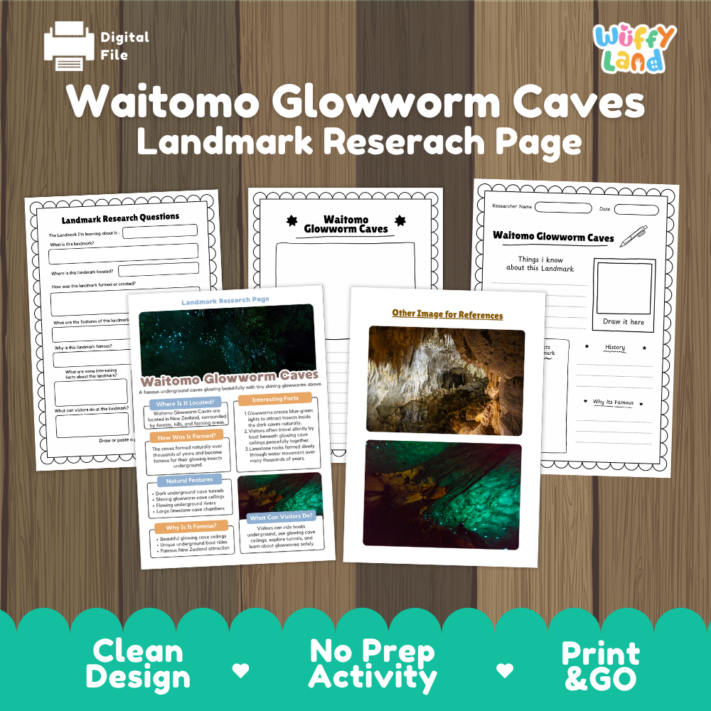 A digital product preview for a 'Waitomo Glowworm Caves Landmark Research Page' by Wiffy Land. The image shows several printable worksheet pages laid out on a wood-grain background, with the title at the top and feature badges at the bottom reading 'Clean Design', 'No Prep Activity', and 'Print & GO'.