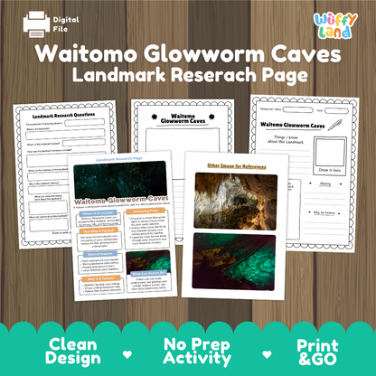 A digital product preview for a 'Waitomo Glowworm Caves Landmark Research Page' by Wiffy Land. The image shows several printable worksheet pages laid out on a wood-grain background, with the title at the top and feature badges at the bottom reading 'Clean Design', 'No Prep Activity', and 'Print & GO'.