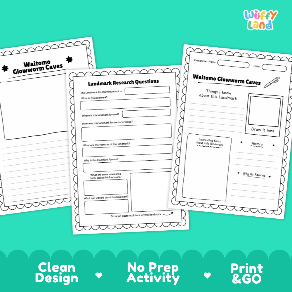 Three printable educational activity sheets for 'Waitomo Glowworm Caves' displayed on a bright teal background with marketing text at the bottom. The sheets are white with black text and border details, featuring sections for research questions, a drawing box, and writing prompts.