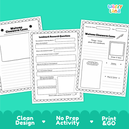 Three printable educational activity sheets for 'Waitomo Glowworm Caves' displayed on a bright teal background with marketing text at the bottom. The sheets are white with black text and border details, featuring sections for research questions, a drawing box, and writing prompts.