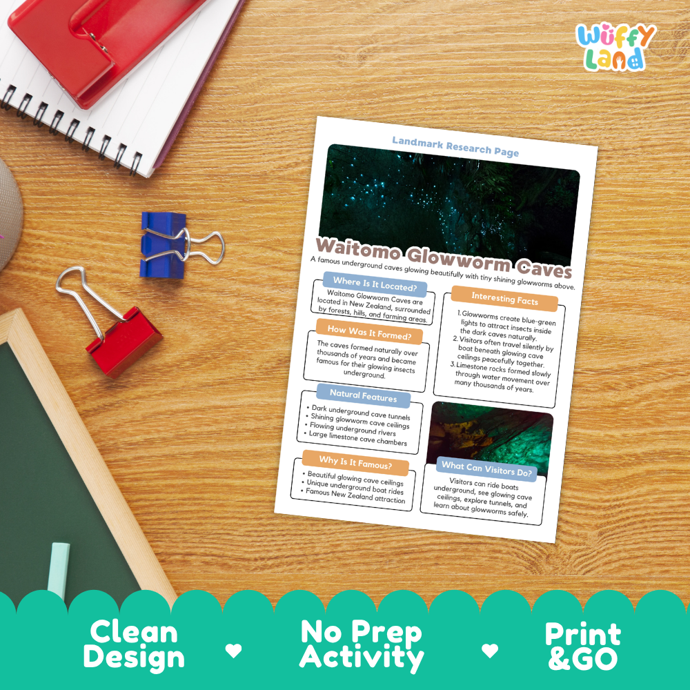 A printed research page about Waitomo Glowworm Caves lies on a wooden desk, surrounded by school supplies including a red notebook, blue binder clips, and a green chalkboard. The page has a dark glowworm cave photo and text sections.