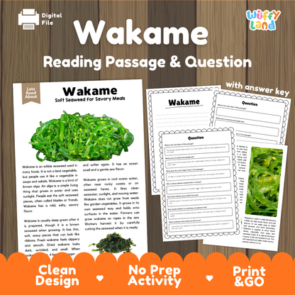 Wakame reading comprehension passage and questions printable activity pack with answer key for elementary students