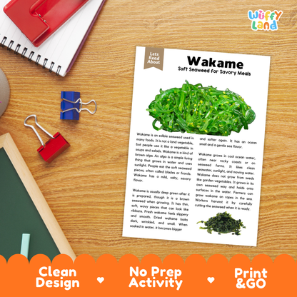 Student reading comprehension worksheet with short-answer questions and lined sections about wakame edible seaweeds