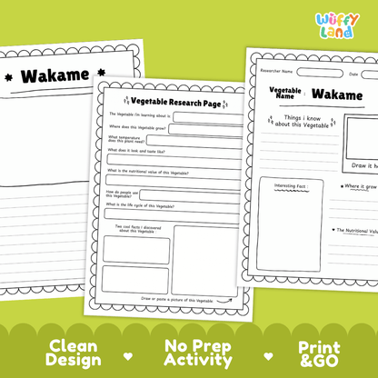 Wakame Vegetable Research Page Worksheets and Fact Sheet