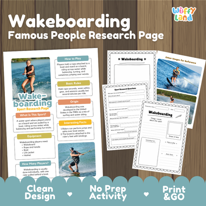 Wakeboarding Sport Research Project Worksheets and Fact Sheet Activity