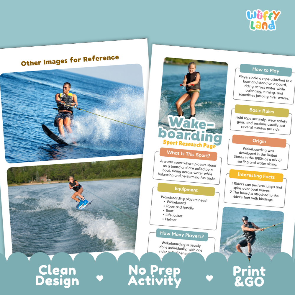 Two printed activity sheets for wakeboarding displayed on a teal background. The sheets feature photos of people wakeboarding on water, informational text boxes with headings like 'How to Play,' 'Basic Rules,' and 'What Is This Sport?', and decorative blue scalloped borders at the bottom.
