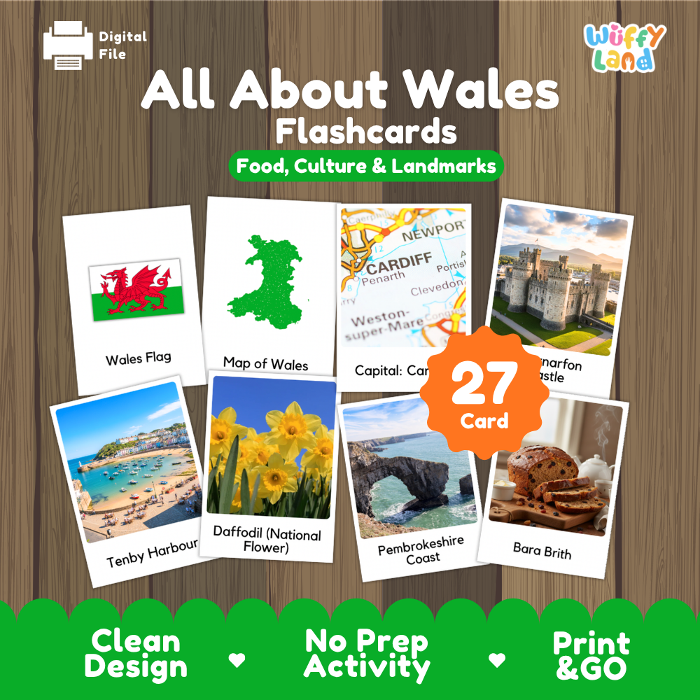 Cardiff Bay Pierhead Building coloring pages paired with photo flashcards of Caernarfon Castle, Tenby Harbour, Daffodils, and Bara Brith