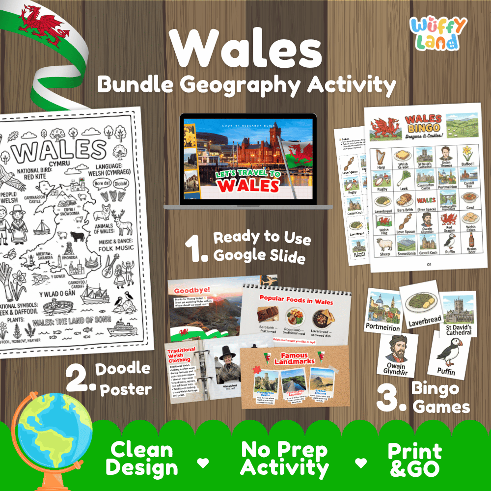 Complete Wales geography activity bundle featuring Google Slides, doodle coloring poster, and classroom bingo games 🏴󠁧󠁢󠁷󠁬󠁳󠁿🎒