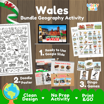 Complete Wales geography activity bundle featuring Google Slides, doodle coloring poster, and classroom bingo games 🏴󠁧󠁢󠁷󠁬󠁳󠁿🎒