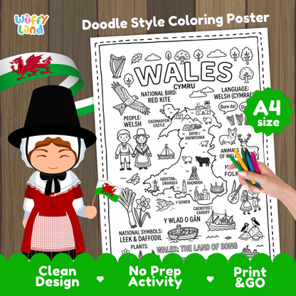 Wales country study doodle style coloring poster printable page featuring map, landmarks, and cultural symbols