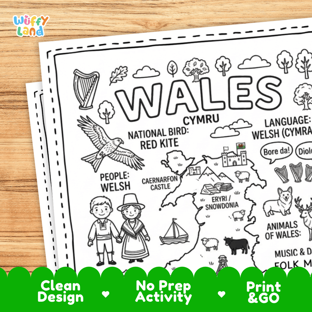 Cultural coloring page featuring traditional Welsh costume with tall hat, harp music, folk dance, and Bore da greeting speech bubbles