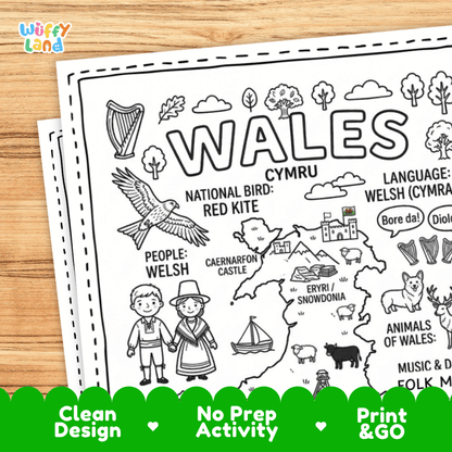 Cultural coloring page featuring traditional Welsh costume with tall hat, harp music, folk dance, and Bore da greeting speech bubbles