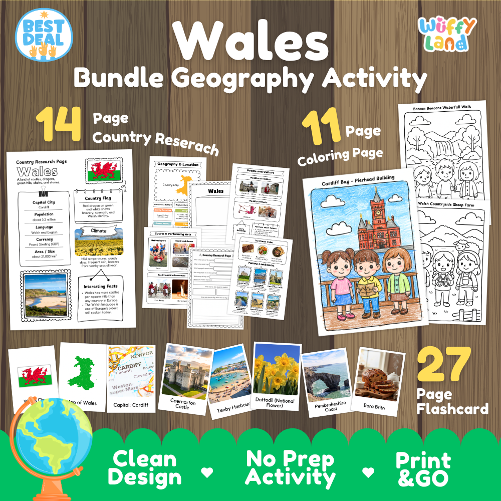 Wales geography activity bundle cover showing 14 country research pages, 11 coloring pages, and 27 photo flashcards