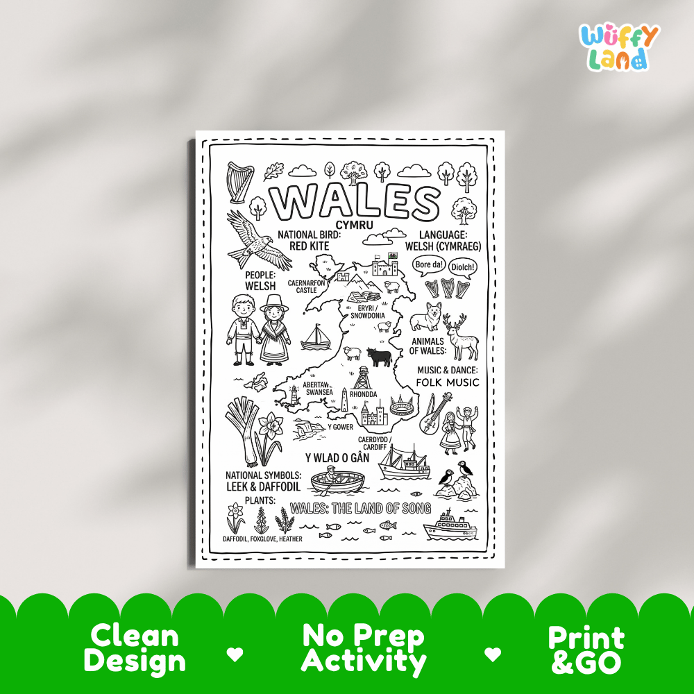 Educational activity coloring page highlighting Wales national bird the Red Kite, leek, daffodil, and Welsh corgi