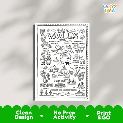 Educational activity coloring page highlighting Wales national bird the Red Kite, leek, daffodil, and Welsh corgi
