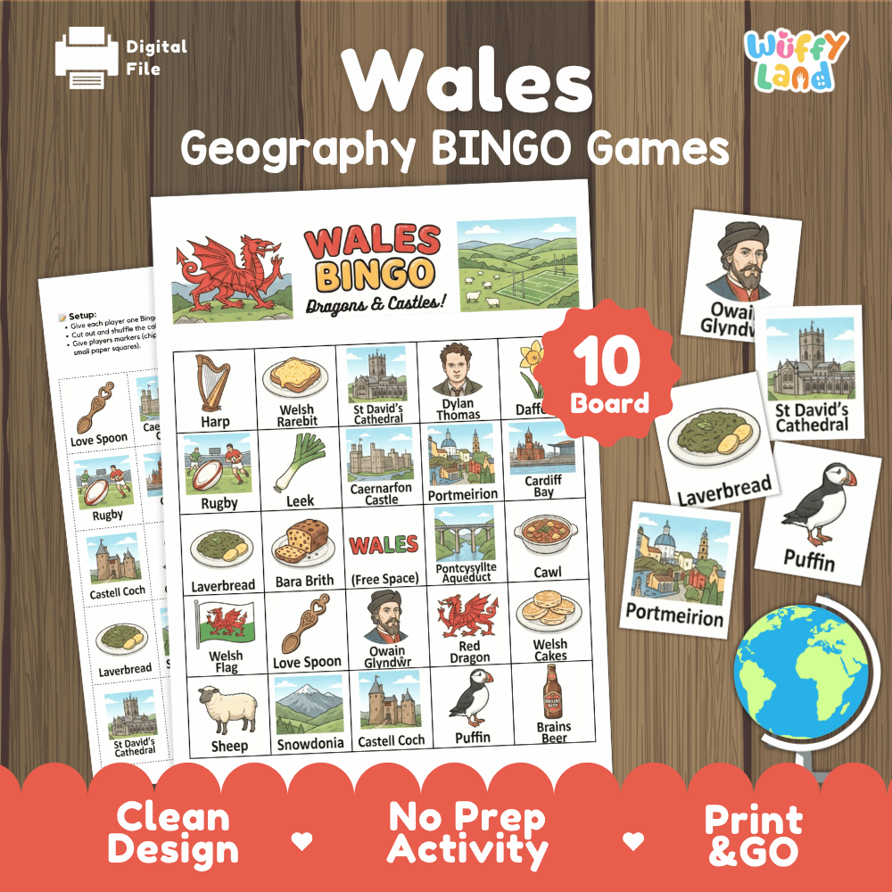 Wales Geography BINGO Game | Welsh Culture and Landmarks Printable Activity
