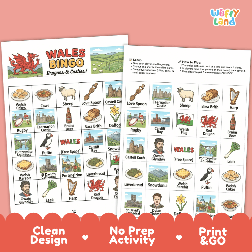 Wales Geography BINGO Game | Welsh Culture and Landmarks Printable Activity