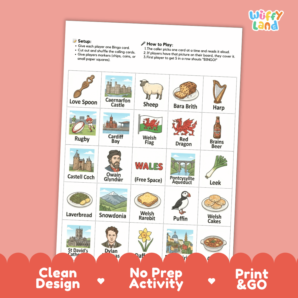 Wales Geography BINGO Game | Welsh Culture and Landmarks Printable Activity