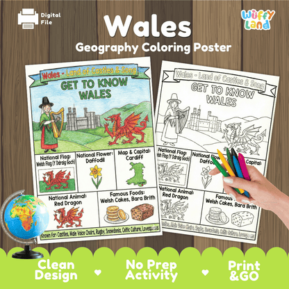 Wales Geography Coloring Poster and Fact Sheet Printables