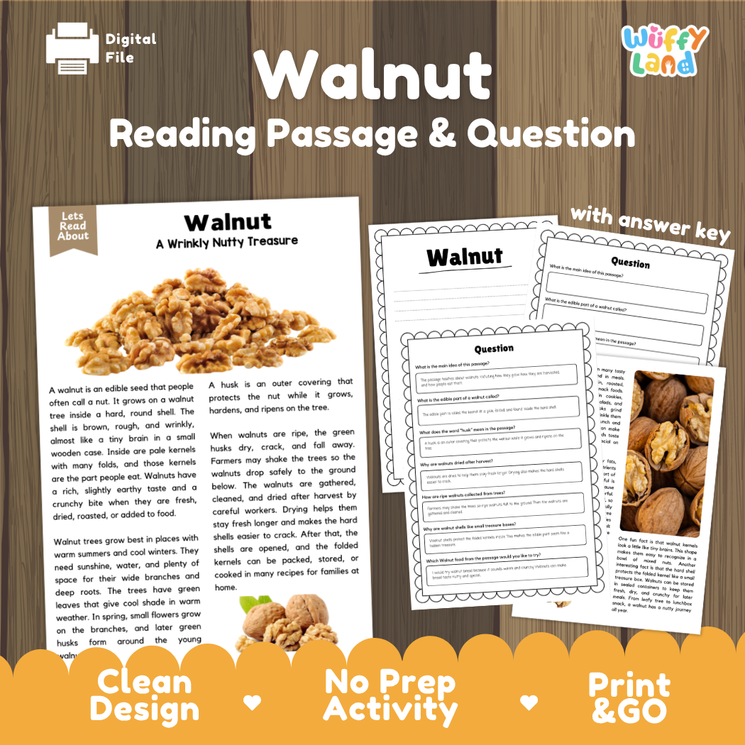 Walnut non-fiction reading comprehension passage and question worksheets pack cover with answer key for elementary students