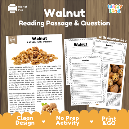 Walnut non-fiction reading comprehension passage and question worksheets pack cover with answer key for elementary students