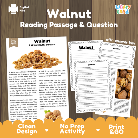 Walnut non-fiction reading comprehension passage and question worksheets pack cover with answer key for elementary students