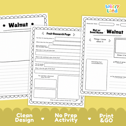 Three printable fruit research worksheet pages for children, featuring a walnut topic, displayed on a yellow background with 'Wiffly Land' branding and feature callouts at the bottom.