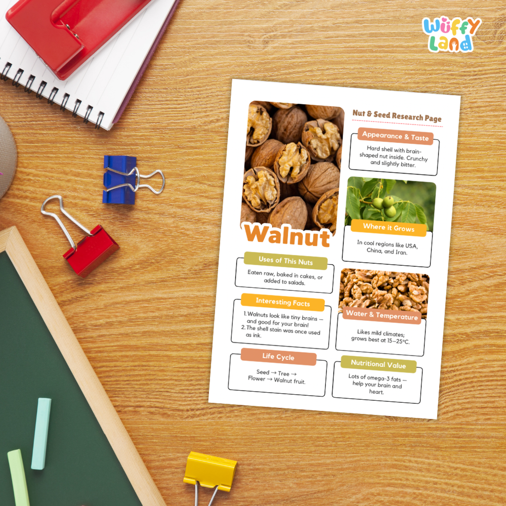 A printed walnut research page laid on a wooden desk, surrounded by school-style props including a spiral notebook, binder clips, chalk, and a green board. The page has photos of walnuts, text sections, and a small 'Wiffly Land' logo in the top right.