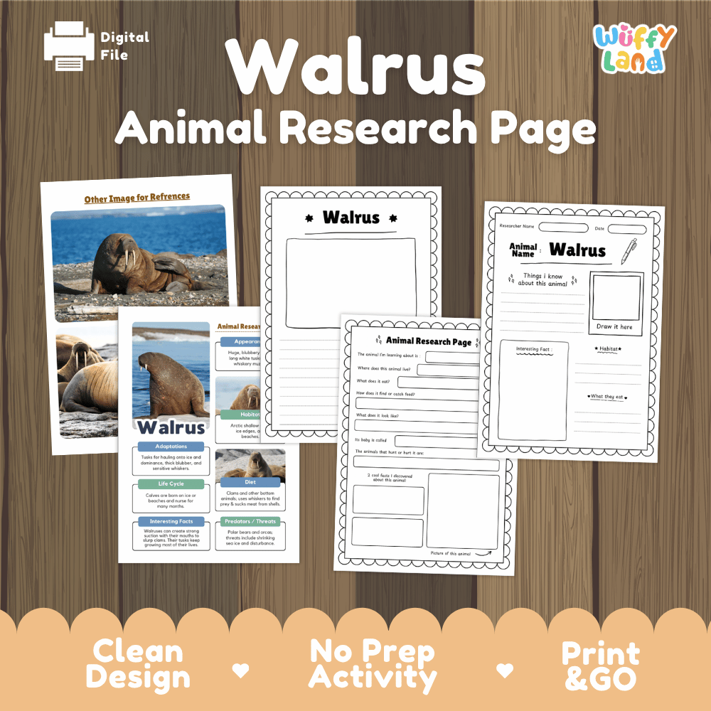 Digital worksheet preview for a 'Walrus Animal Research Page' activity, showing multiple printable worksheet pages laid out on a wood background with promotional text at the bottom.