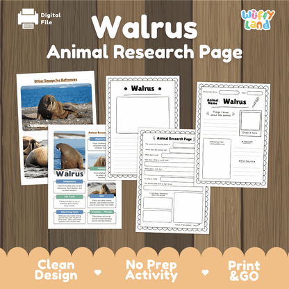 Digital worksheet preview for a 'Walrus Animal Research Page' activity, showing multiple printable worksheet pages laid out on a wood background with promotional text at the bottom.