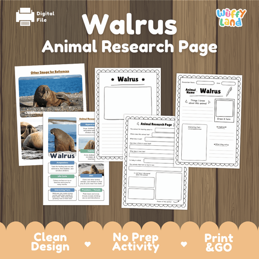 Digital worksheet preview for a 'Walrus Animal Research Page' activity, showing multiple printable worksheet pages laid out on a wood background with promotional text at the bottom.