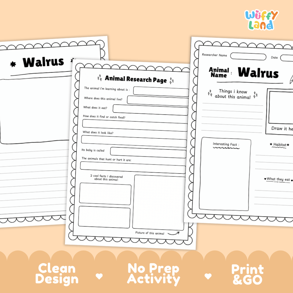 Three printable worksheet pages for an animal research project about walruses, shown on a peach background with the text 'Clean Design', 'No Prep Activity', and 'Print & GO'. The pages are black-and-white with the title 'Walrus' and writing boxes, and the brand 'Wiffy Land' appears in the top right.